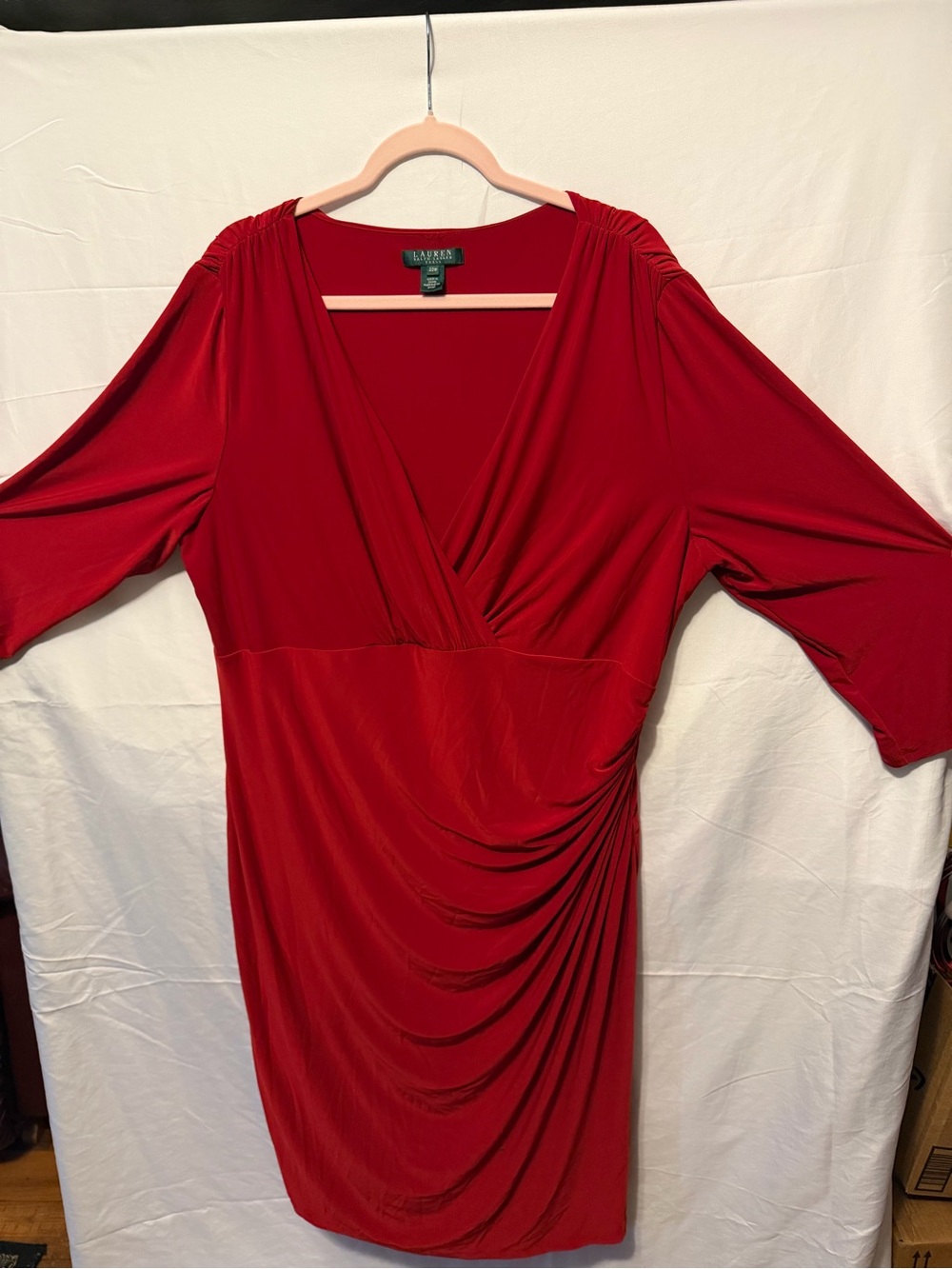 Ralph Lauren Red V-Neck Ruched Midi Dress